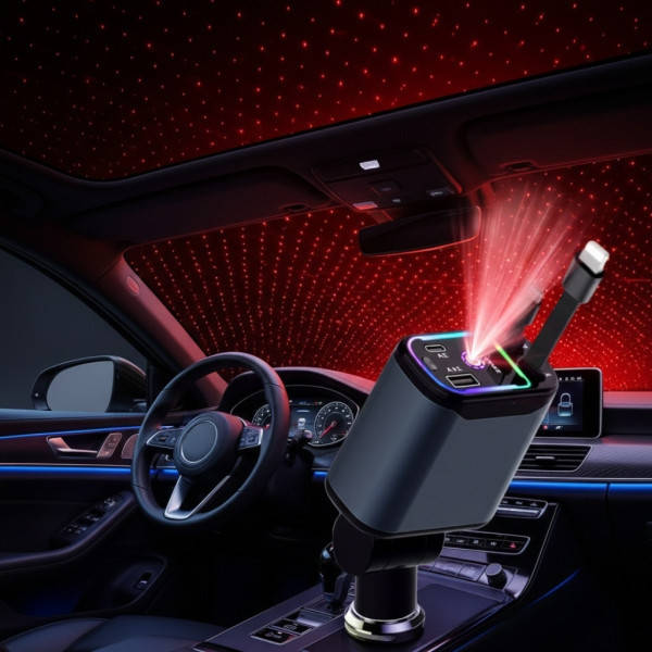 Зарядний пристрій автомобільний 4в1 26X-204 зі швидкою зарядкою, USB-портами та підсвічуванням Зоряне небо Чорне