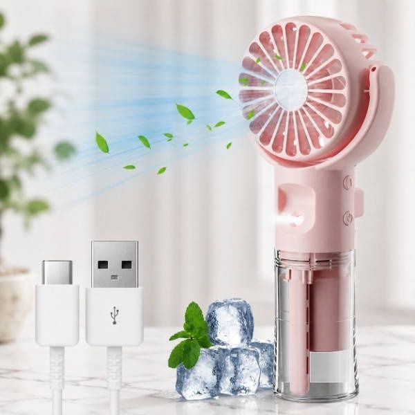 Ручний акумуляторний вентилятор із розпиленням води Steering spray fan Рожевий