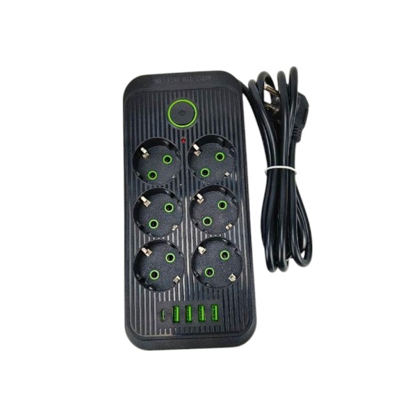 Мережевий фільтр з USB (6×220В+4×USB+1×Type-C) QL-1075U 5 метрів Чорний