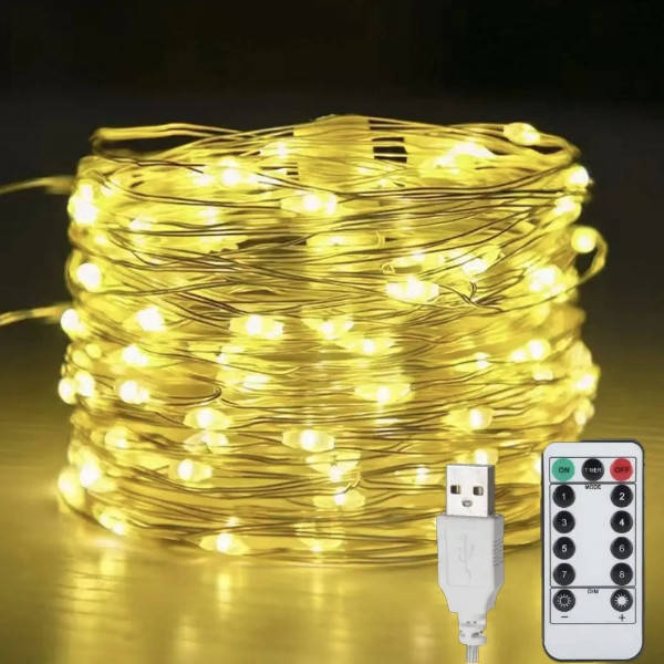 Гірлянда роса лінійна USB з пультом 50 м 500LED Жовтий