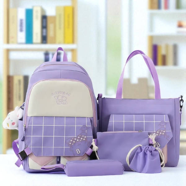 Набір 5в1 шкільний рюкзак GuiyuBag, сумка, клатч, пенал та мішок MFG-612Purple Фіолетовий з білою кліткою