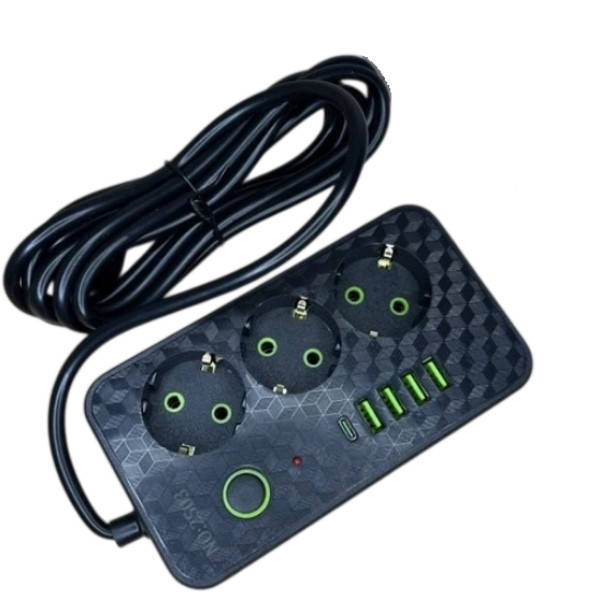 Мережевий фільтр з USB (3×220В+4×USB+1×Type-C) NO-2503 3 метри Чорний