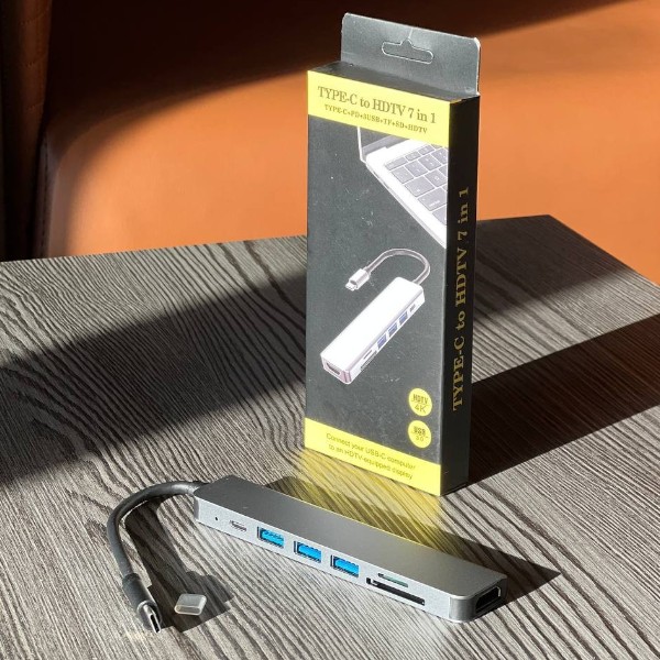 Хаб 7в1 USB AC-500 Type-C to RJ45+HDMI+2xUSB 3.0 XK-AC500-SL XoKo Сірий