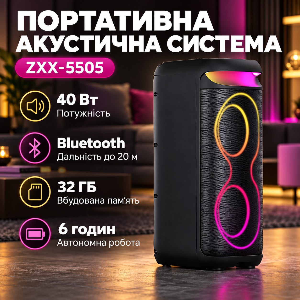 Акустична портативна система з пультом та мікрофоном Bluetooth ZXX-5505