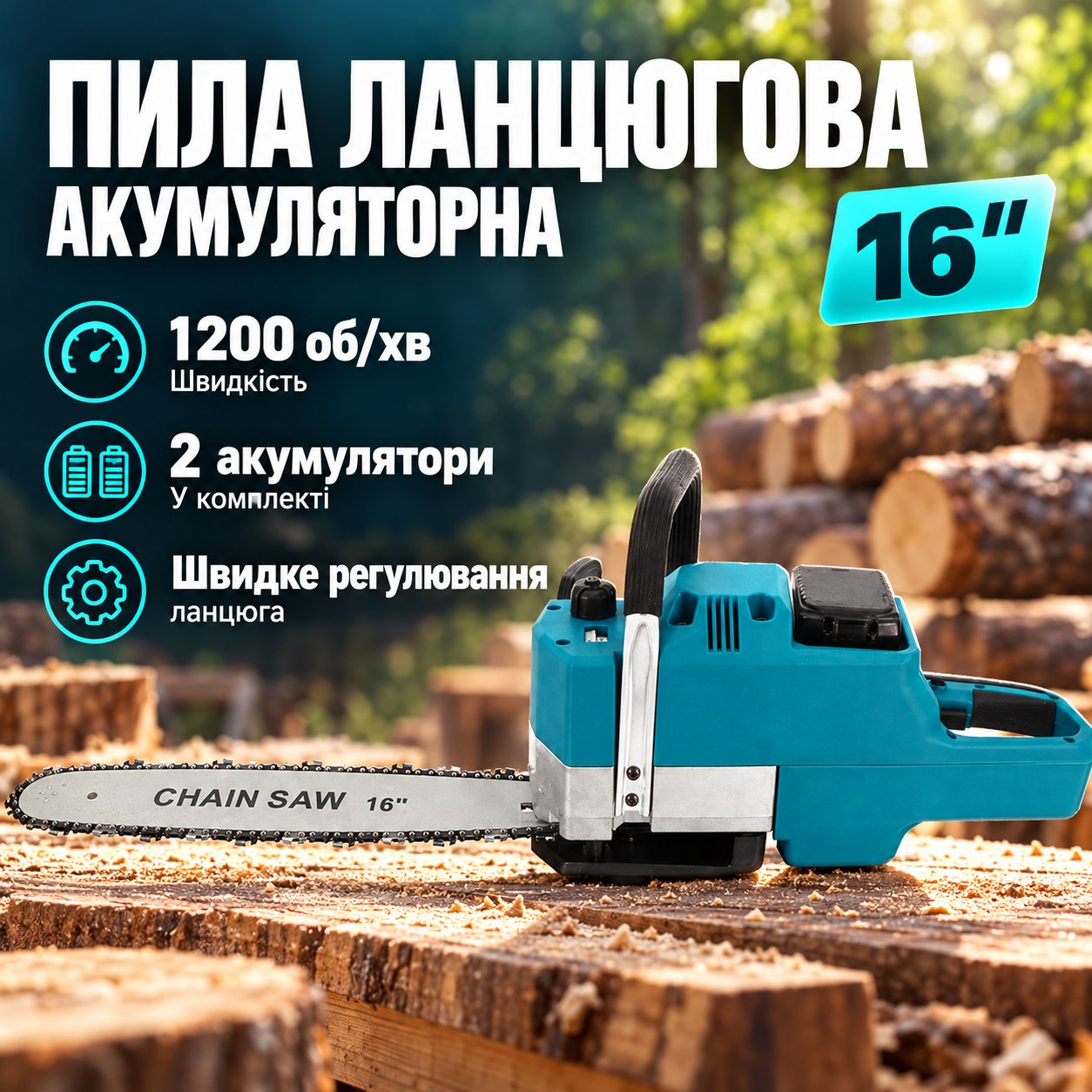 Пила ланцюгова акумуляторна + 2 акумулятори 16" Electric Saw Блакитна
