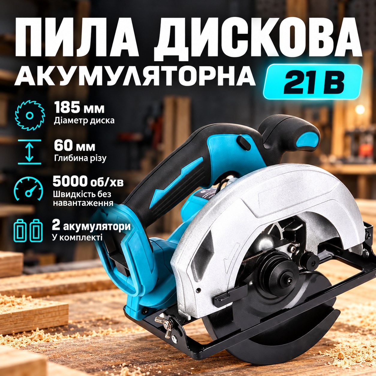 Пила дискова акумуляторна ручна + 2 акумулятори 21V Чорна