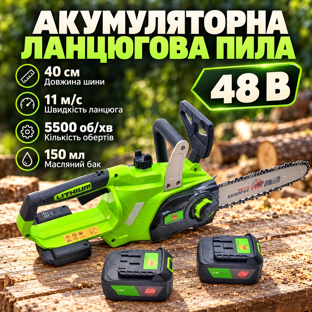 Пила ланцюгова акумуляторна CHAIN ​​SAW 16ˮ KRAFFTEC Салатова