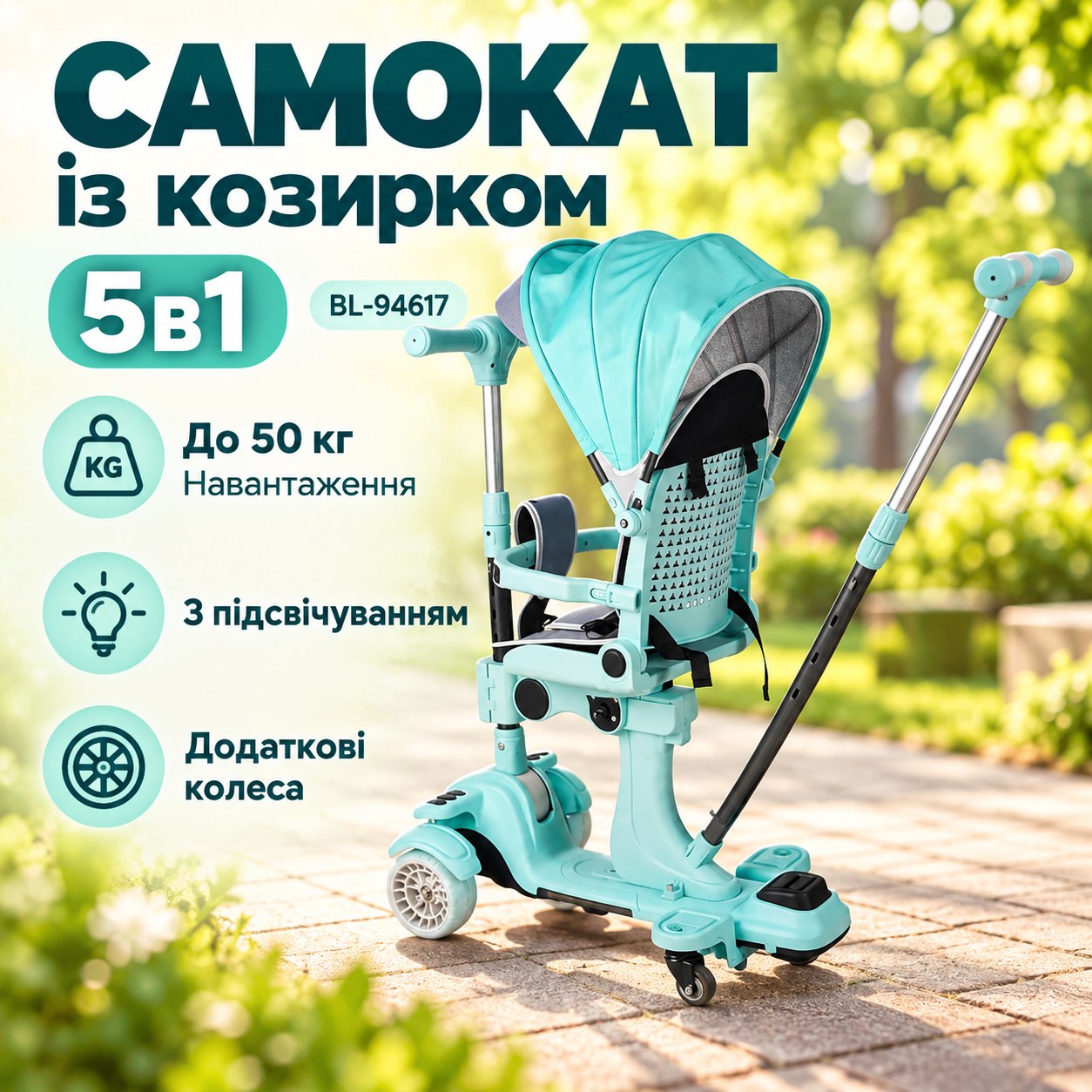 Самокат із козирком та додатковими колесами 5в1 Skyper BL-94617 Блакитний