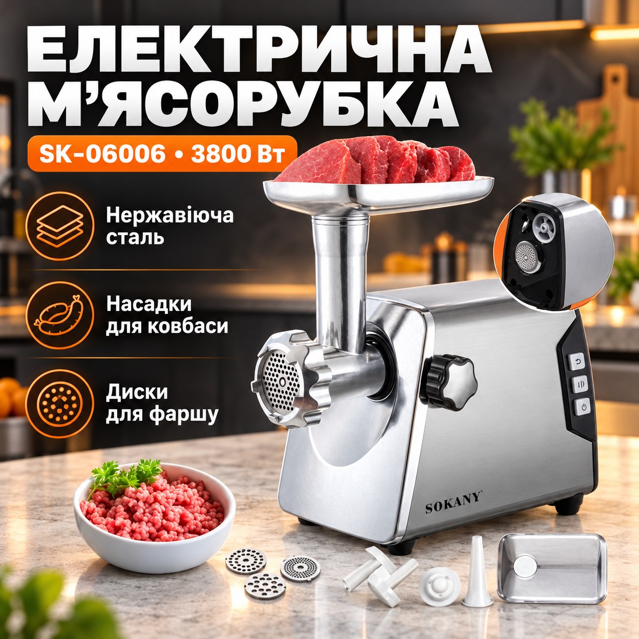 Професійна м'ясорубка електрична з насадками для ковбаси 3800Вт Sokany SK-06006