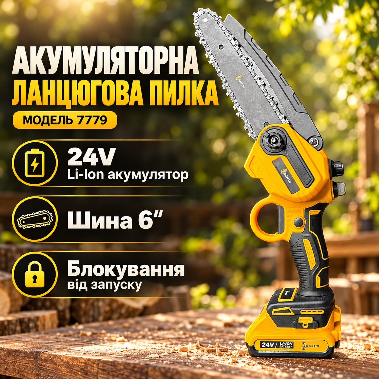 Набір акумуляторних інструментів секатор та ланцюгова пилка 6" у валізі 24V 7779 Жовтий