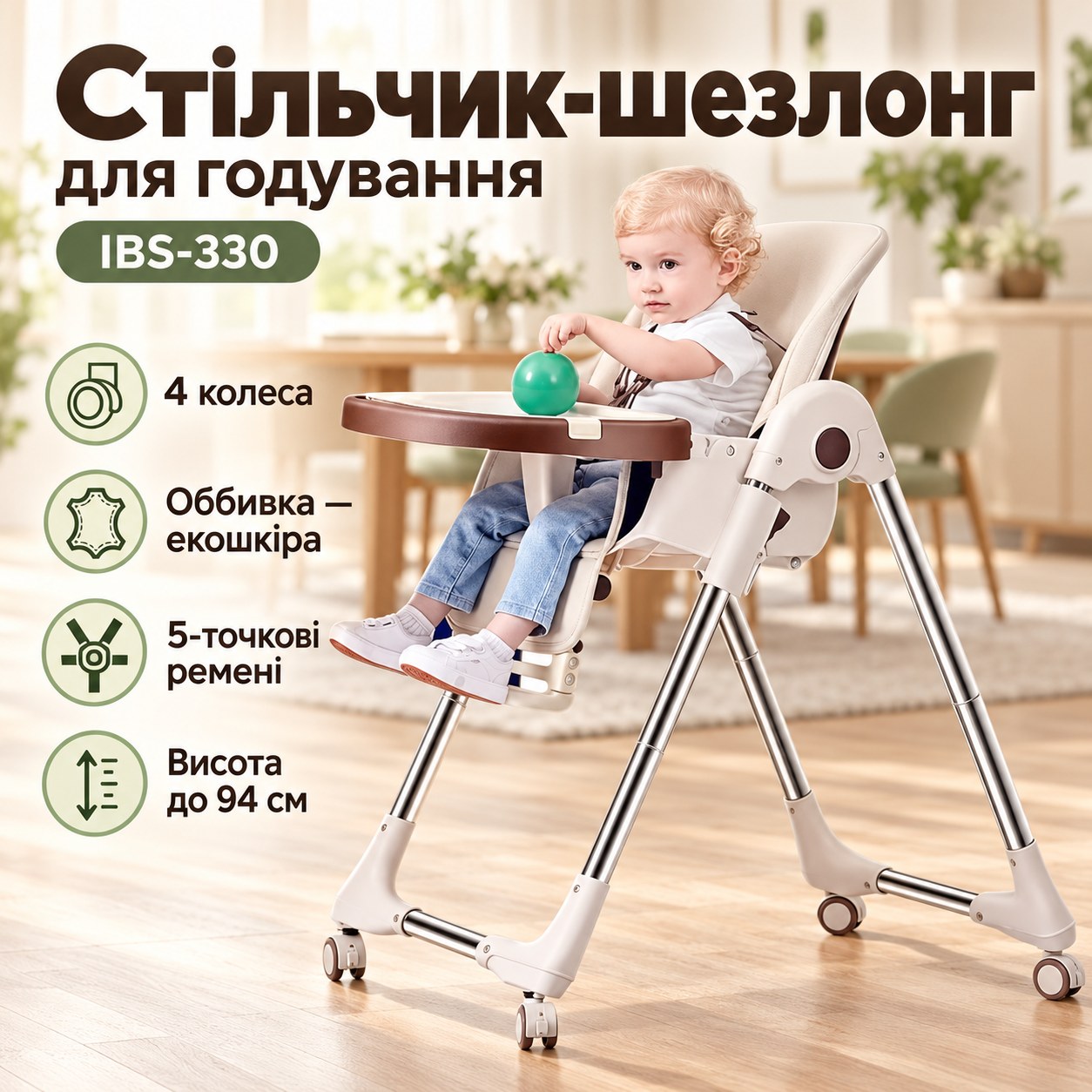 Стільчик-шезлонг для годування дитячий багатофункціональний регульований IBS-330 Бежевий