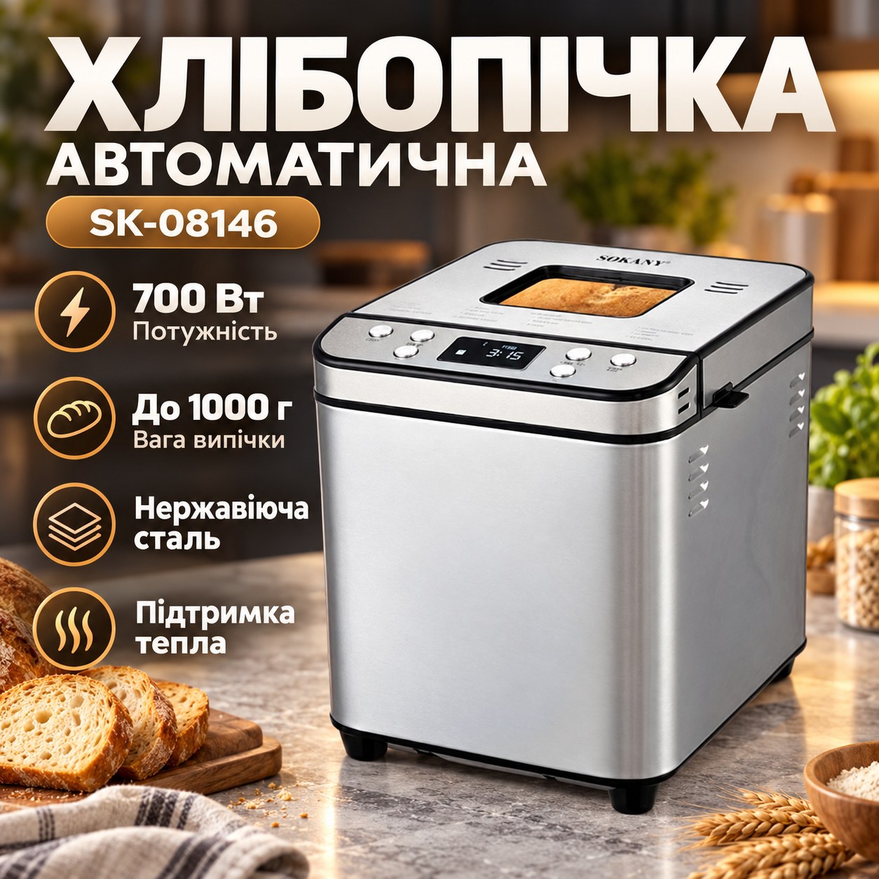 Хлібопічка автоматична від 80℃ до 200℃ 700Вт SK-08146