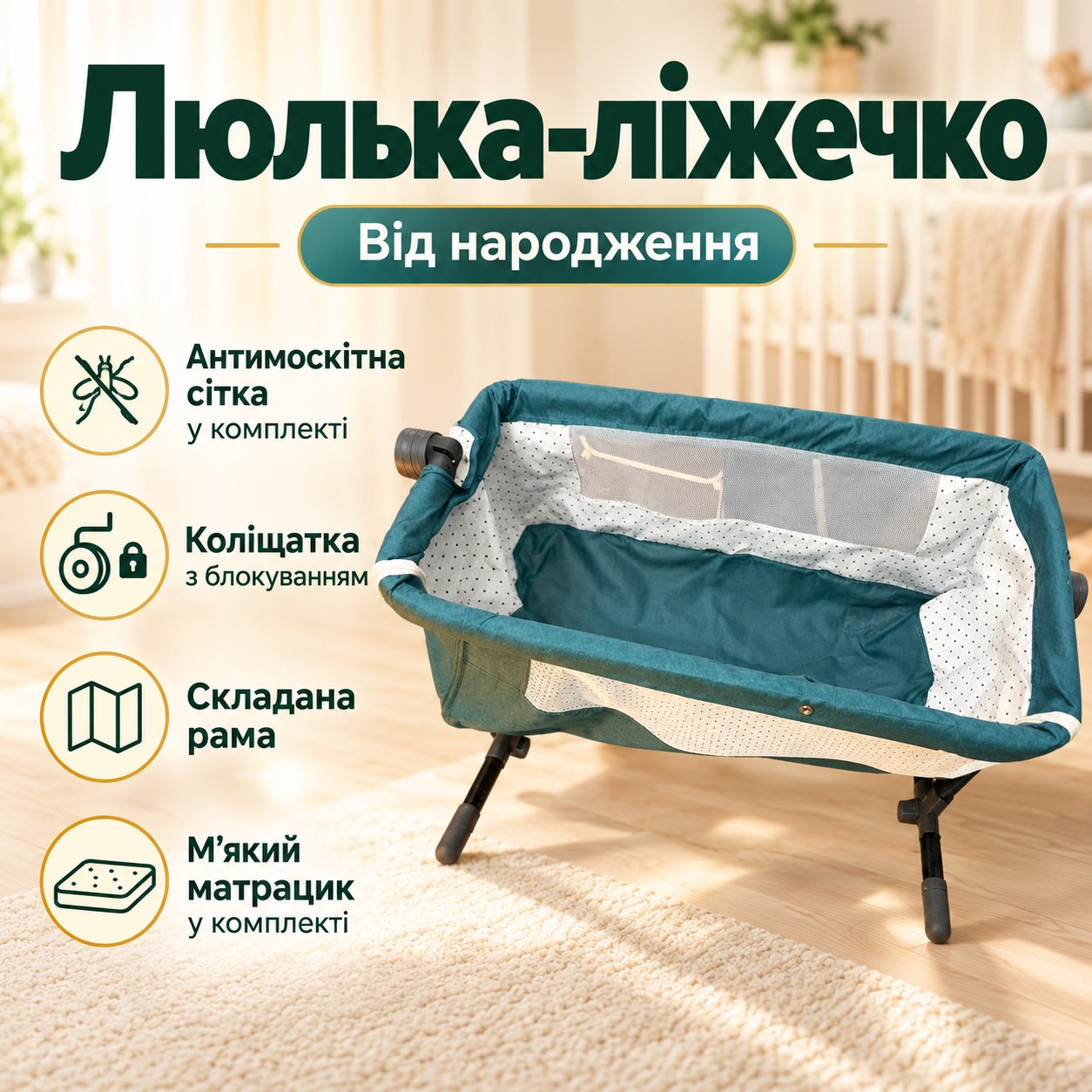 Люлька-ліжечко дитяче з антимоскітною сіткою на ніжках з коліщатками Темно-зелена