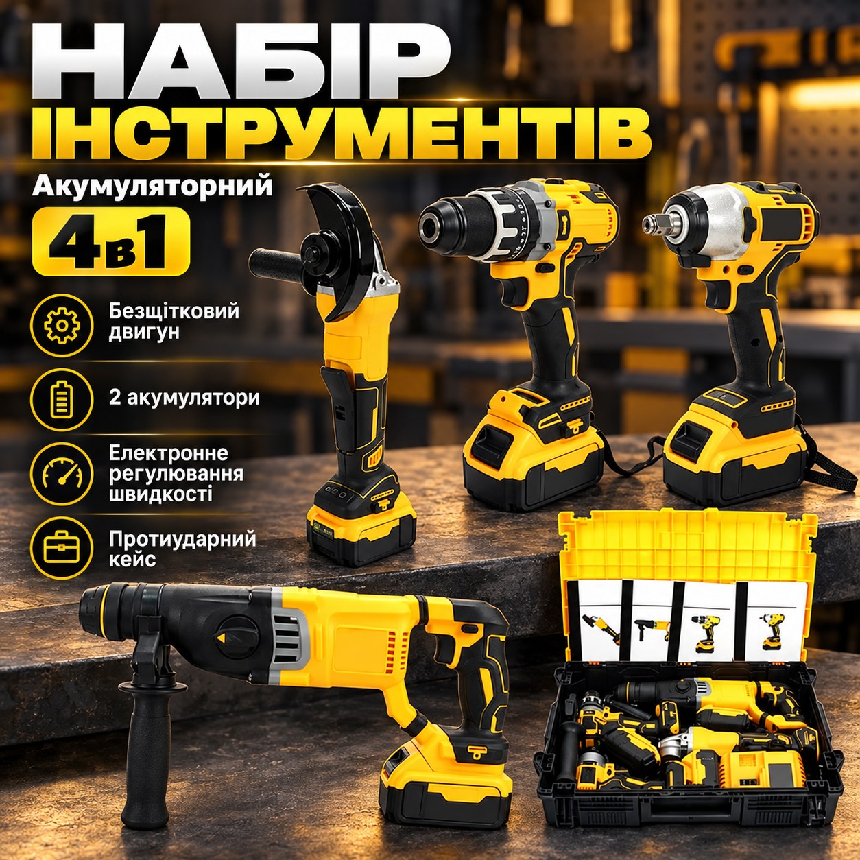 Набір акумуляторних інструментів 4в1 перфоратор, болгарка, шуруповерт та гайковерт Жовтий з чорним