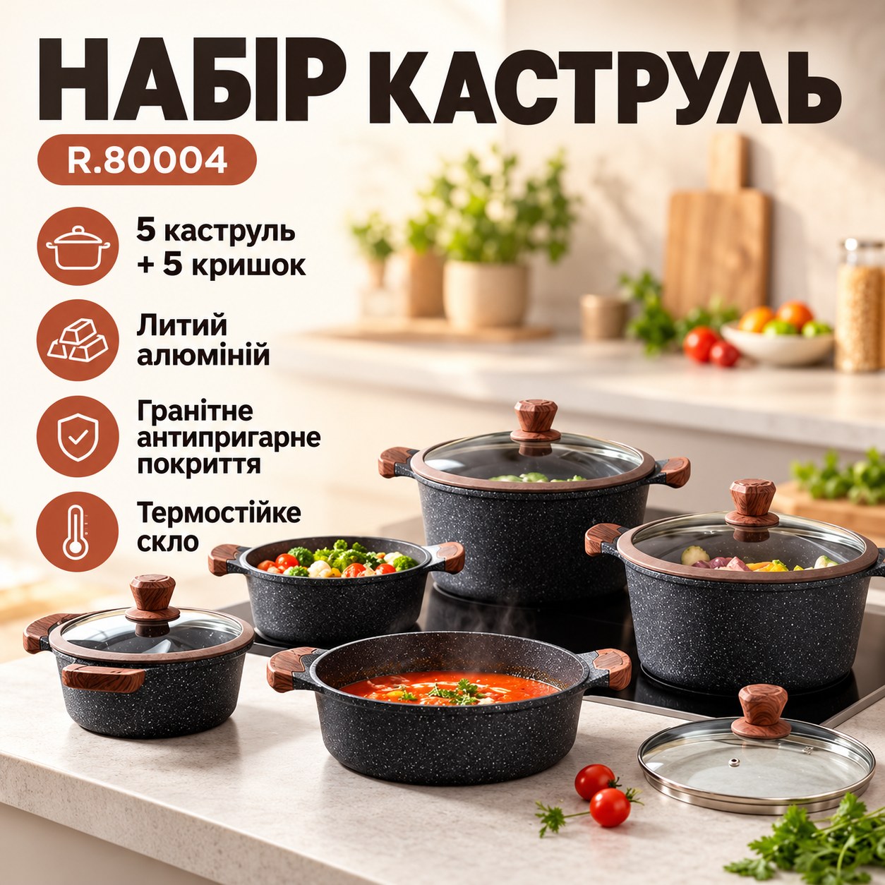 Набір каструль з кришками 5шт R.80004 RAF Коричневий