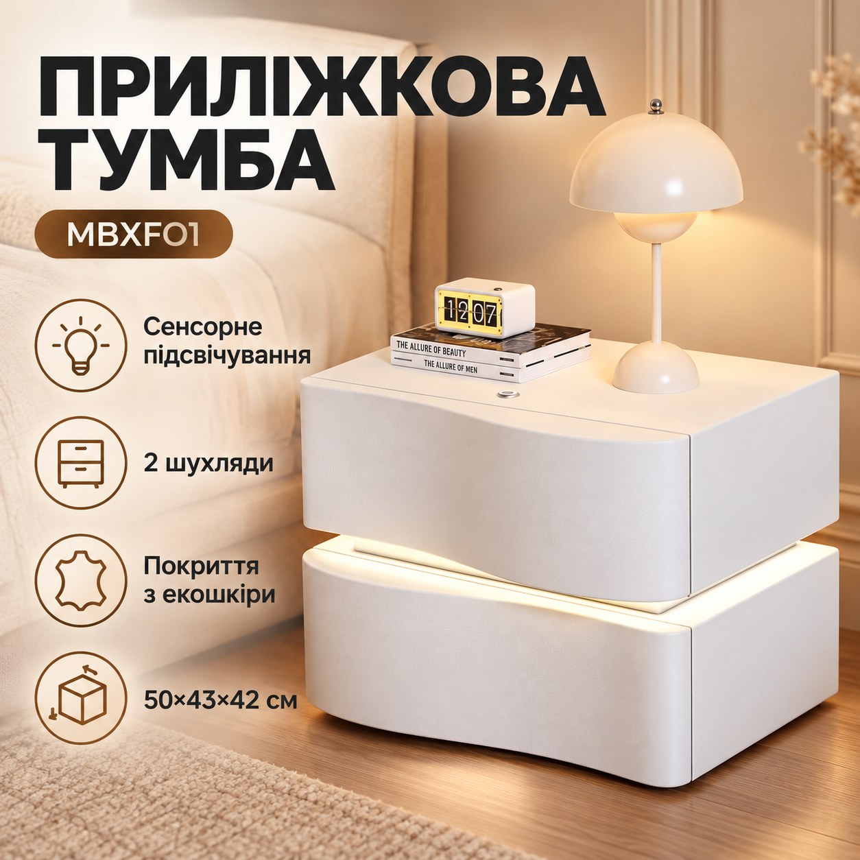 Тумбочка ліжка з сенсорним підсвічуванням та покриттям з екошкіри MBXFO1 Біла