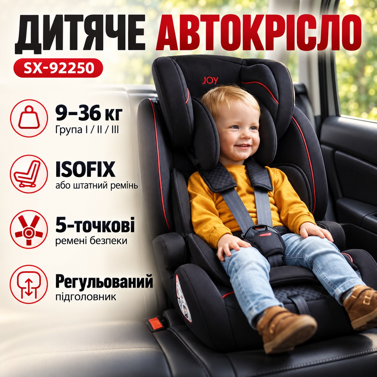 Дитяче автокрісло універсальне від 9-36кг із системою ISOFIX I/II/III група JOY SX-92250 Чорне з червоним