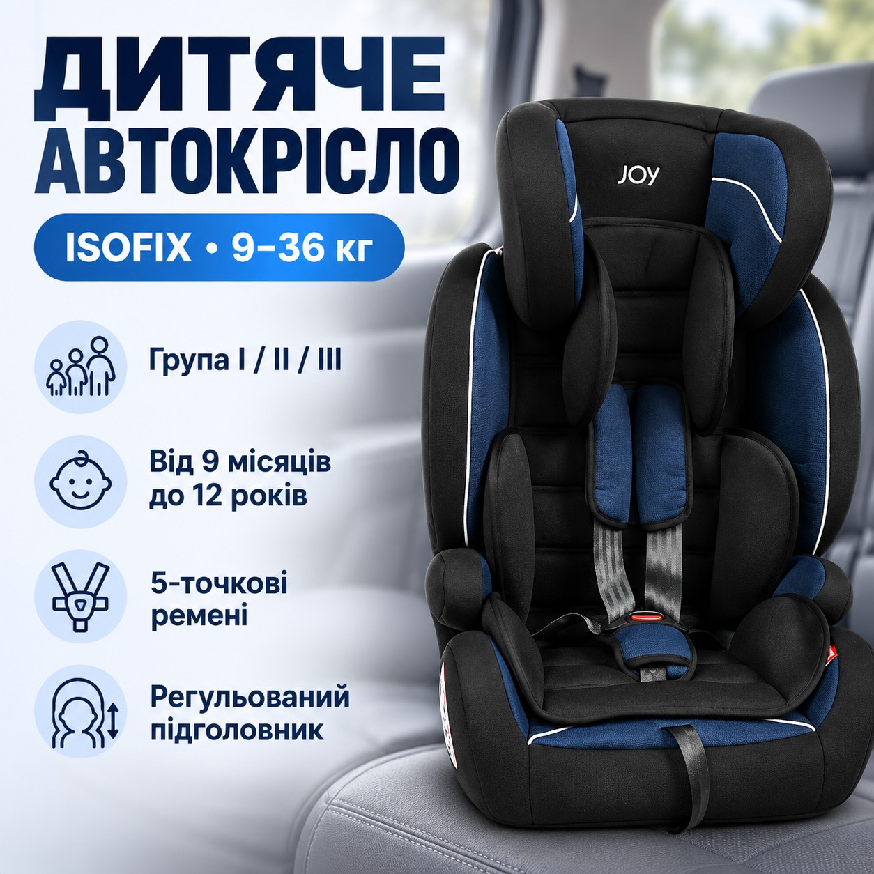 Дитяче автокрісло універсальне від 9-36кг із системою ISOFIX I/II/III група JOY SX36907 Чорне з синім