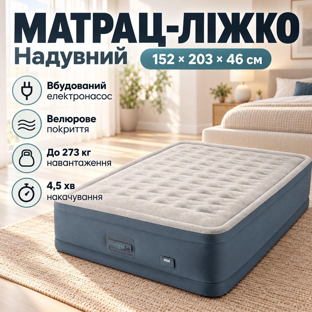 Матрац-ліжко надувний з вбудованим насосом та велюровим покриттям 152х203х46см PremAire 64926 ND Сірий