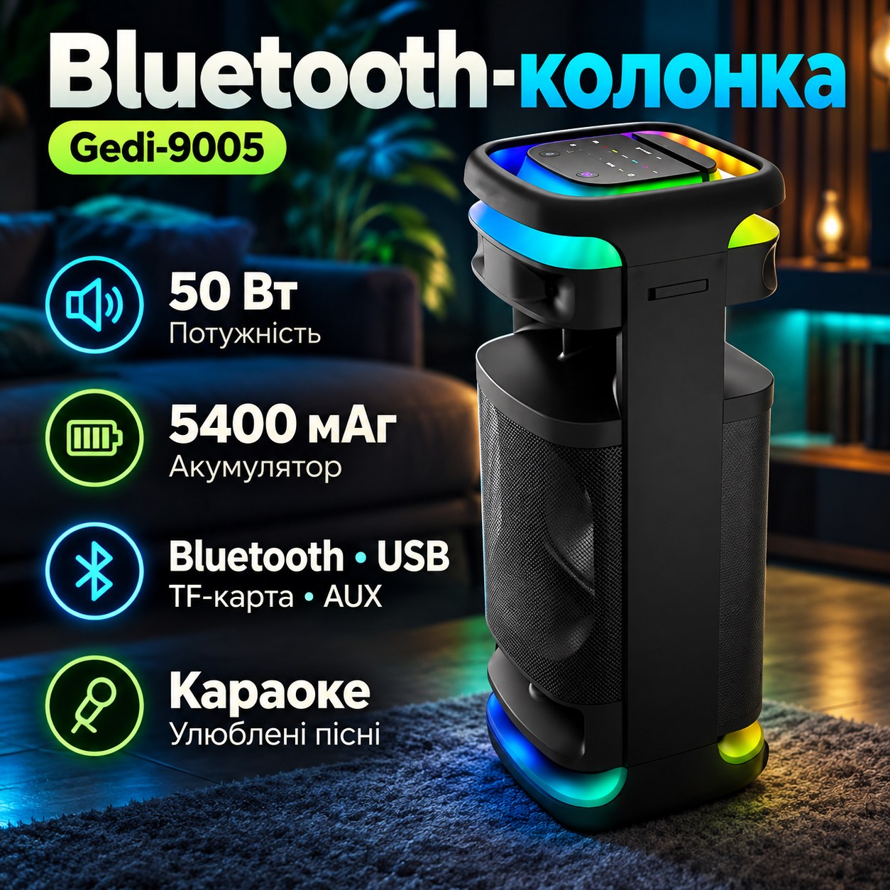 Bluetooth-колонка акумуляторна USB, TF-карта, AUX 50Вт Gedi-9005 Чорна