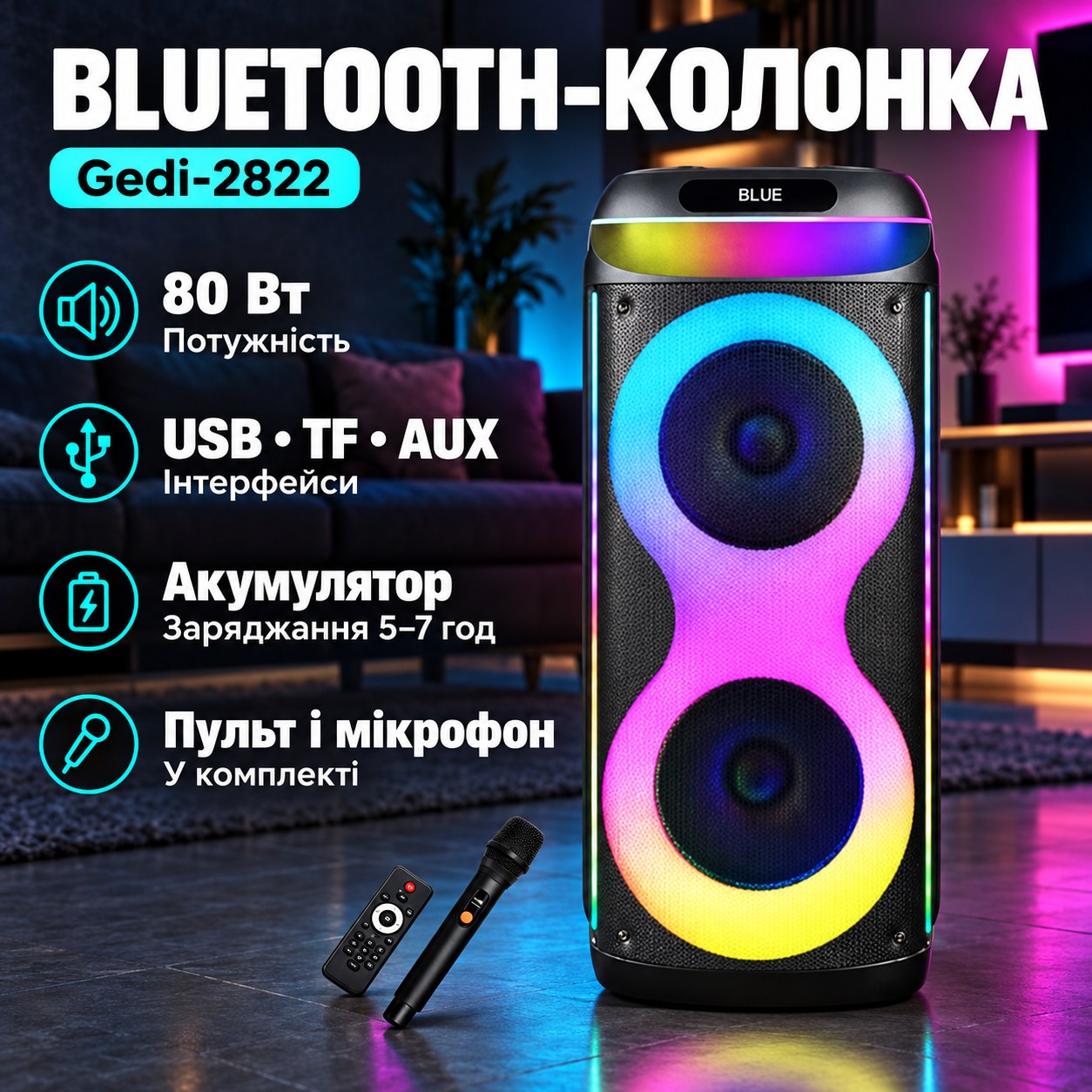Bluetooth-колонка акумуляторна USB, TF-карта, AUX 80Вт Gedi-2822 Чорна