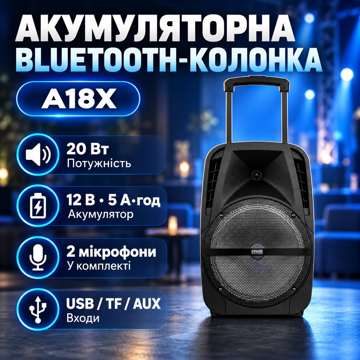 Bluetooth-колонка акумуляторна з 2 мікрофонами USB, TF-карта, AUX Temeisheng A18X Чорна