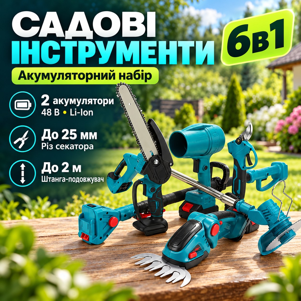 Набір акумуляторних інструментів для саду 6в1 Секатор + Міні-пила + Тример + Повітродувка + Штанга-подовжувач + Кущоріз +