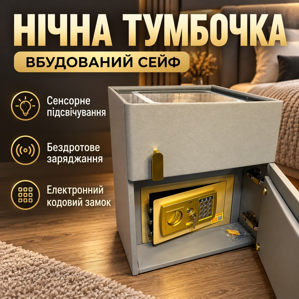 Тумбочка ліжка з сенсорним підсвічуванням, бездротовою зарядкою та вбудованим сейфом Сіра