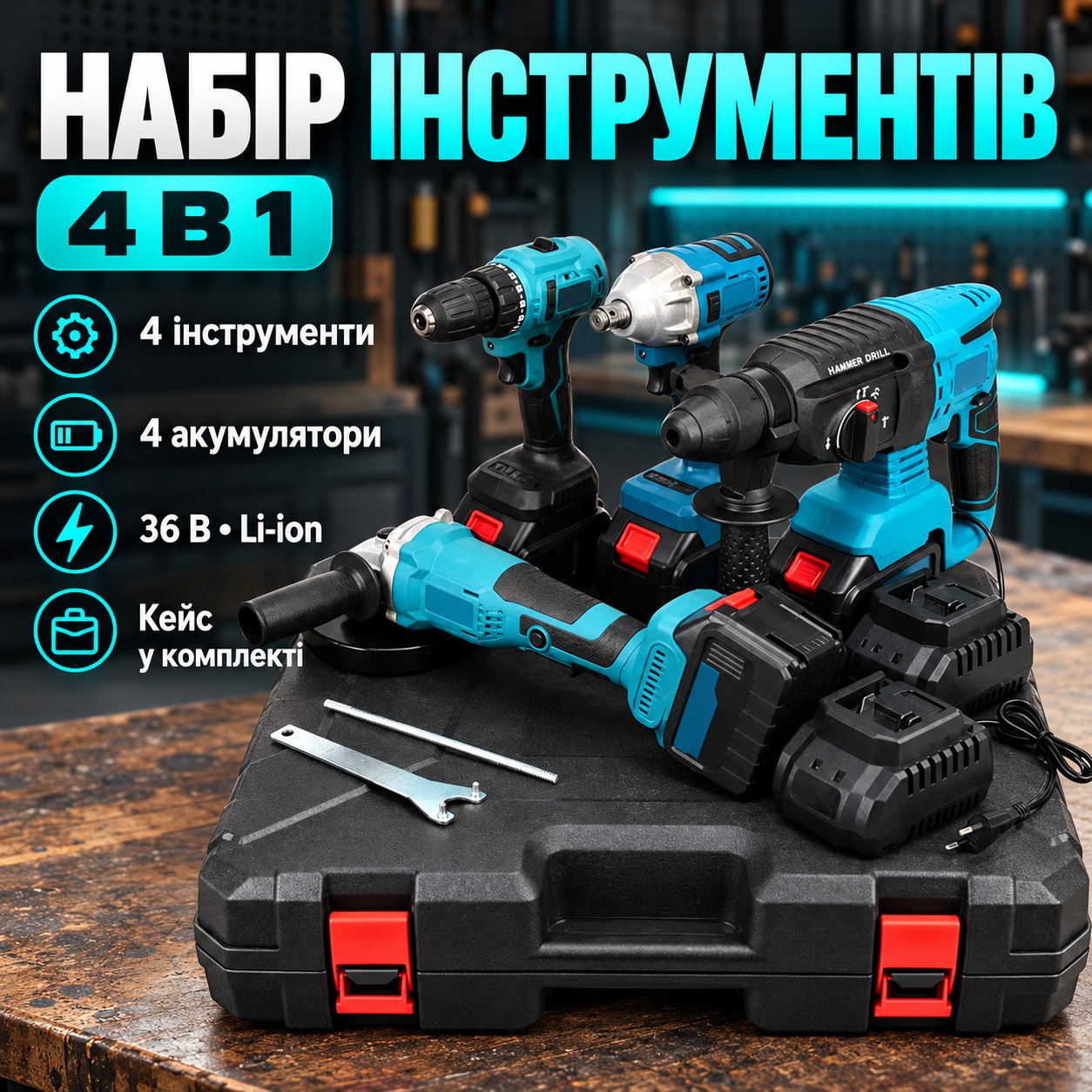 Набір акумуляторних інструментів 4в1 Шуруповерт + Гайковерт + Перфоратор + Болгарка з 4 акумуляторами 36W в кейсі Синій