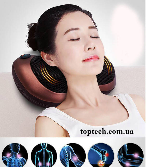 Портативний роликовий масажер в авто та для дому HOME CAR MASAGE PILLOW brown на 8 роликів