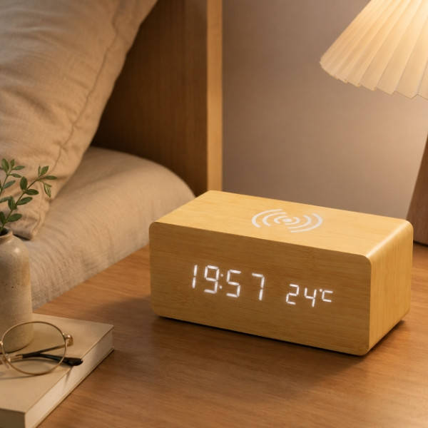 Годинник настільний LED з бездротовою зарядкою для телефону Світле дерево