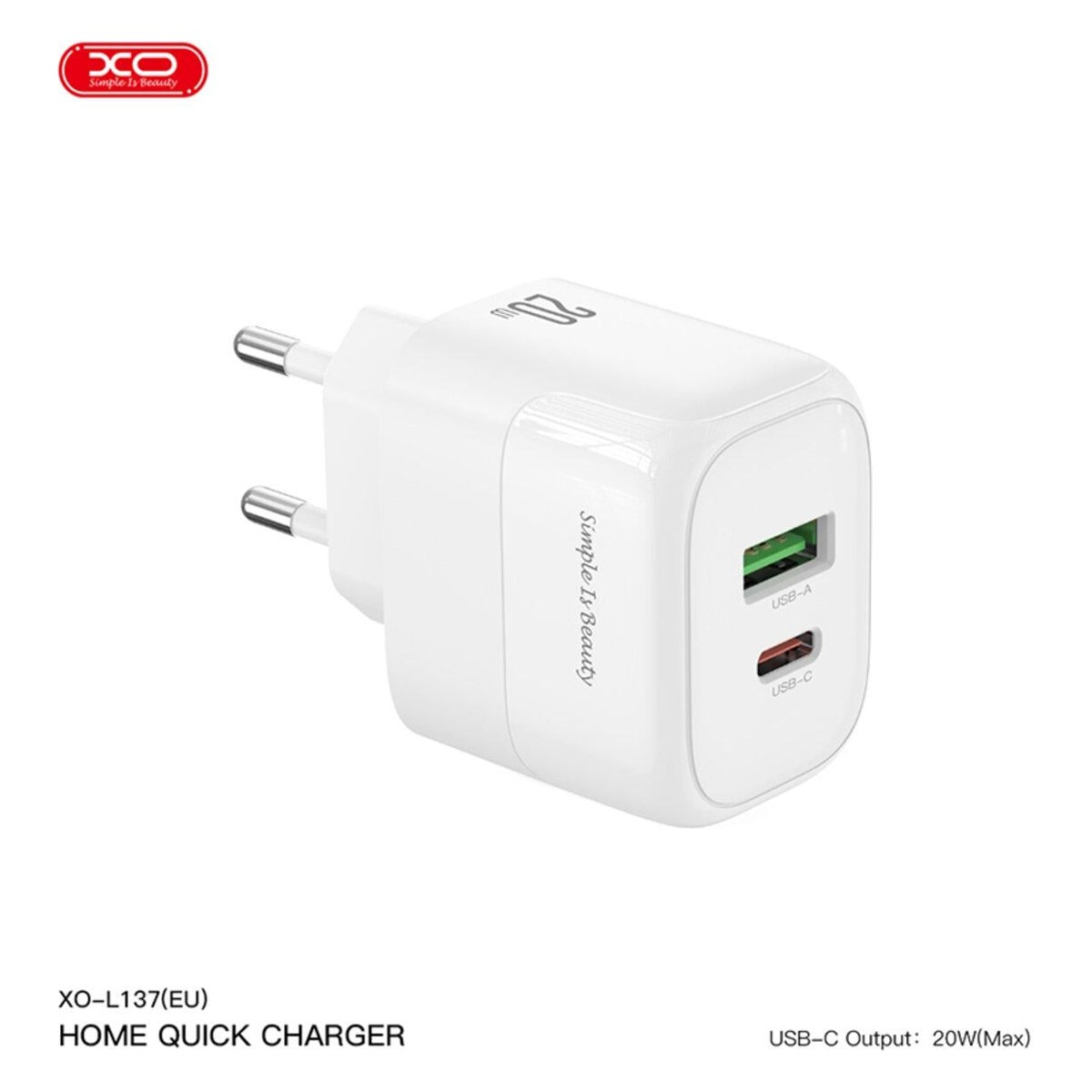 Мережевий зарядний пристрій XO L137 PD20W/QC18W 1USB-A+1USB-C Fast Charging Charger Біле